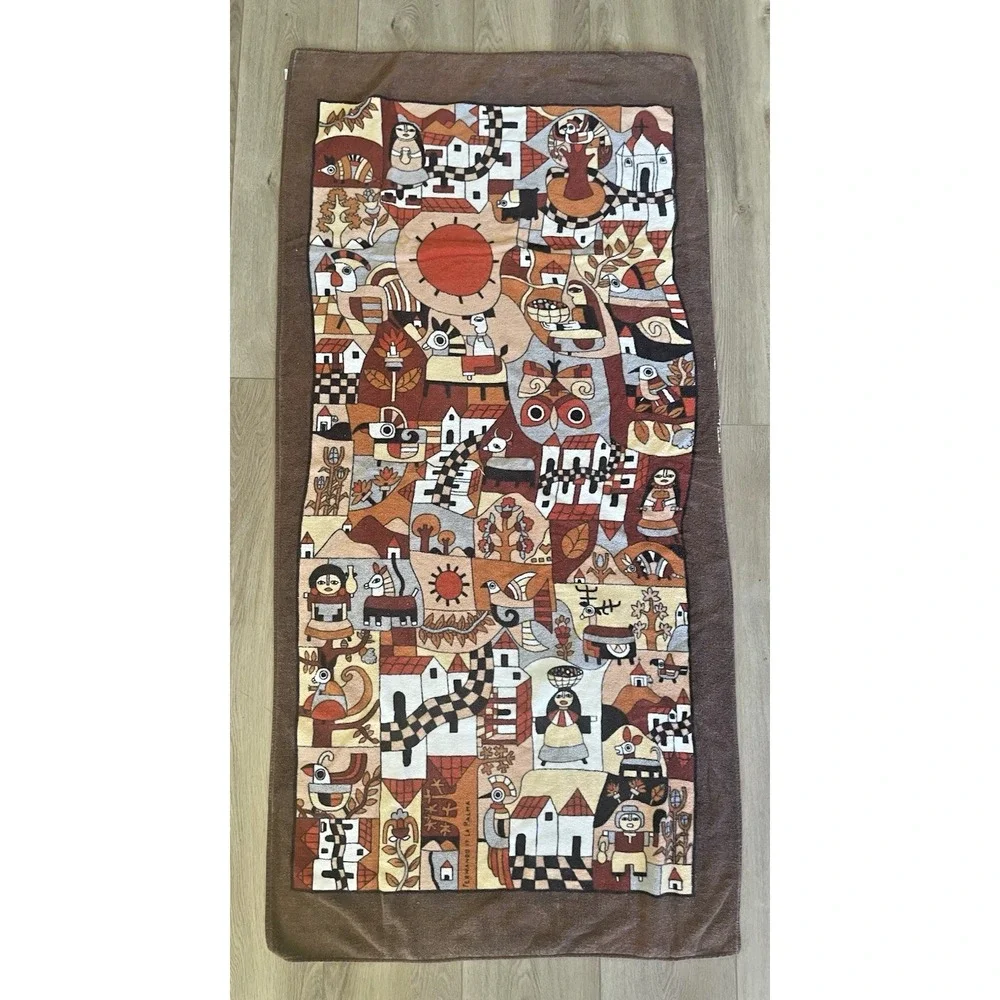 Vtg Hilasal Fernando Llort La Palma 1970s Folk Art Beach Towel El Salvador 66x32